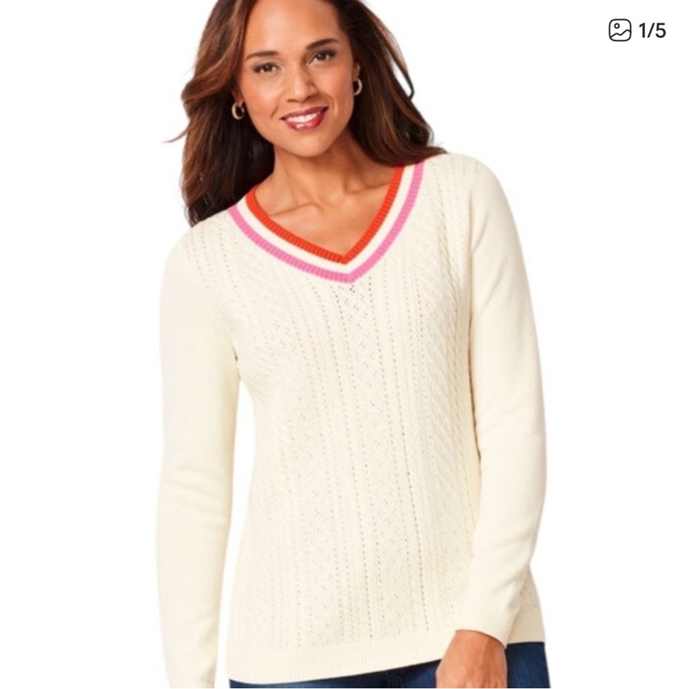 Women's V-Neck Sweater with Red and Pink Trim